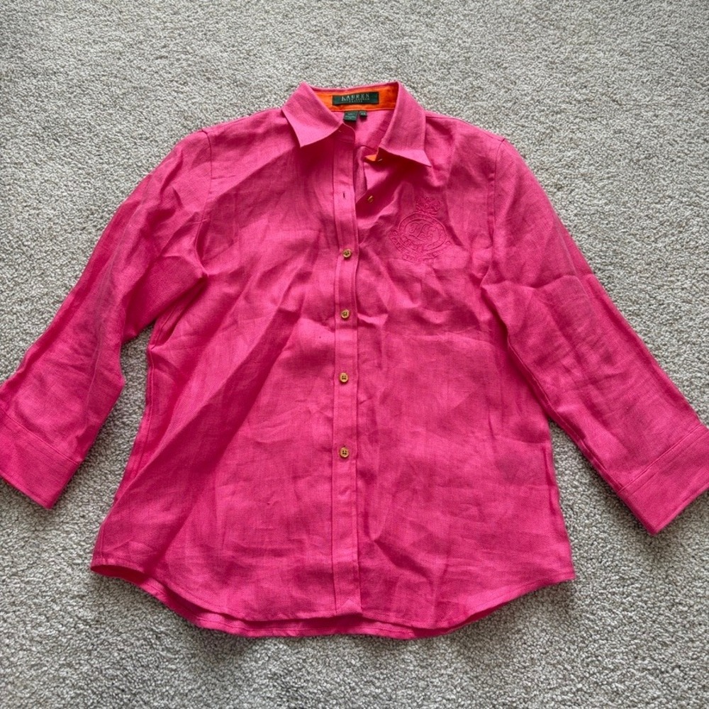 Lauren Ralph Lauren 100% Linen Top Womens SP Pink Button Old Money Preppy Crest